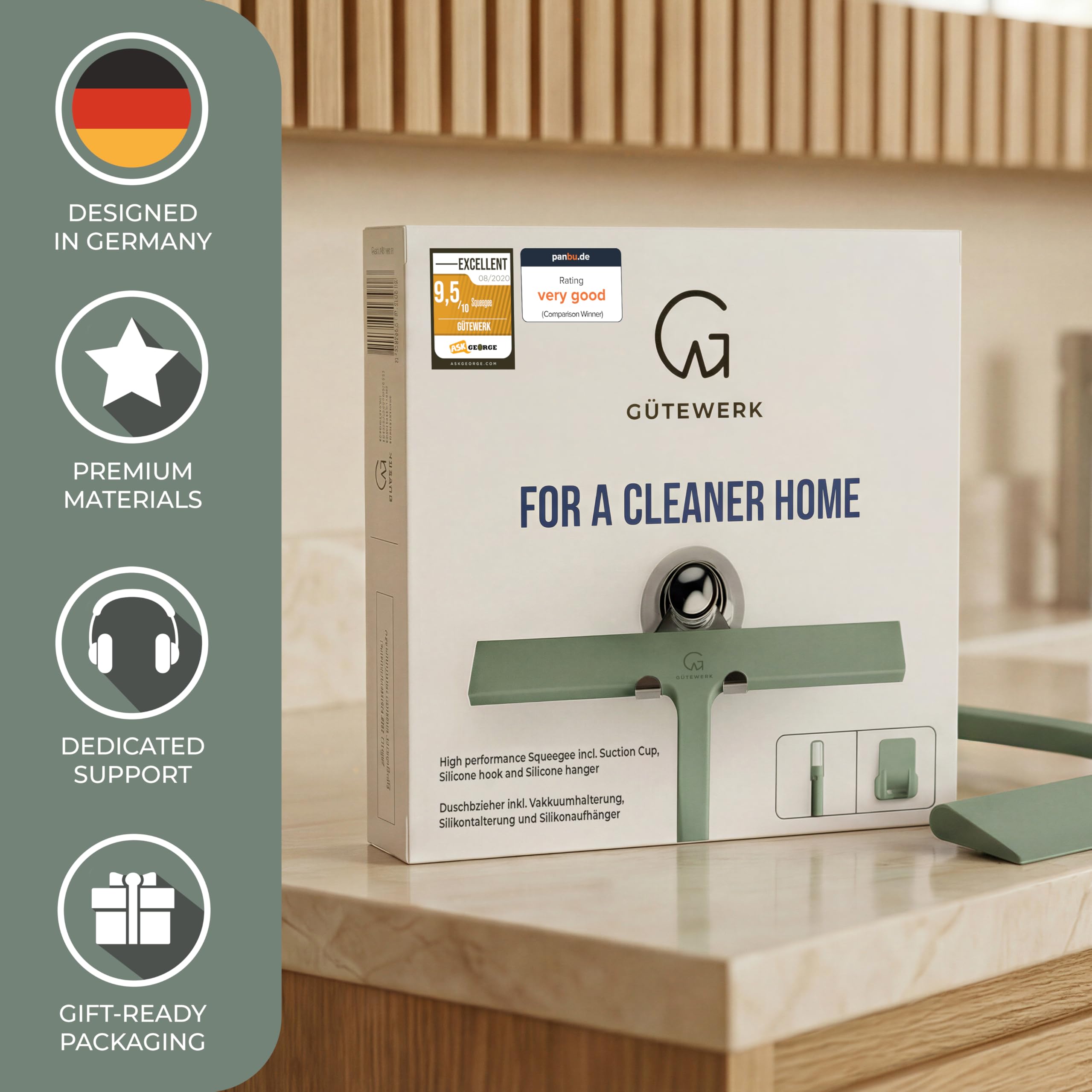 GÜTEWERK silicone blade provides a streak-free finish on shower glass