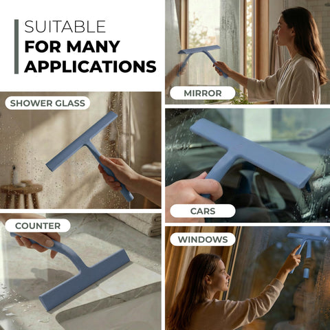 Silicone blade flexes to lift soap and water easily