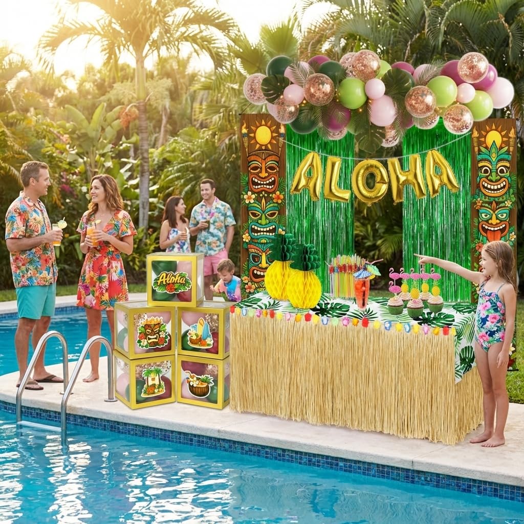 Guudmua palm leaves decor adds natural texture to a luau setup.