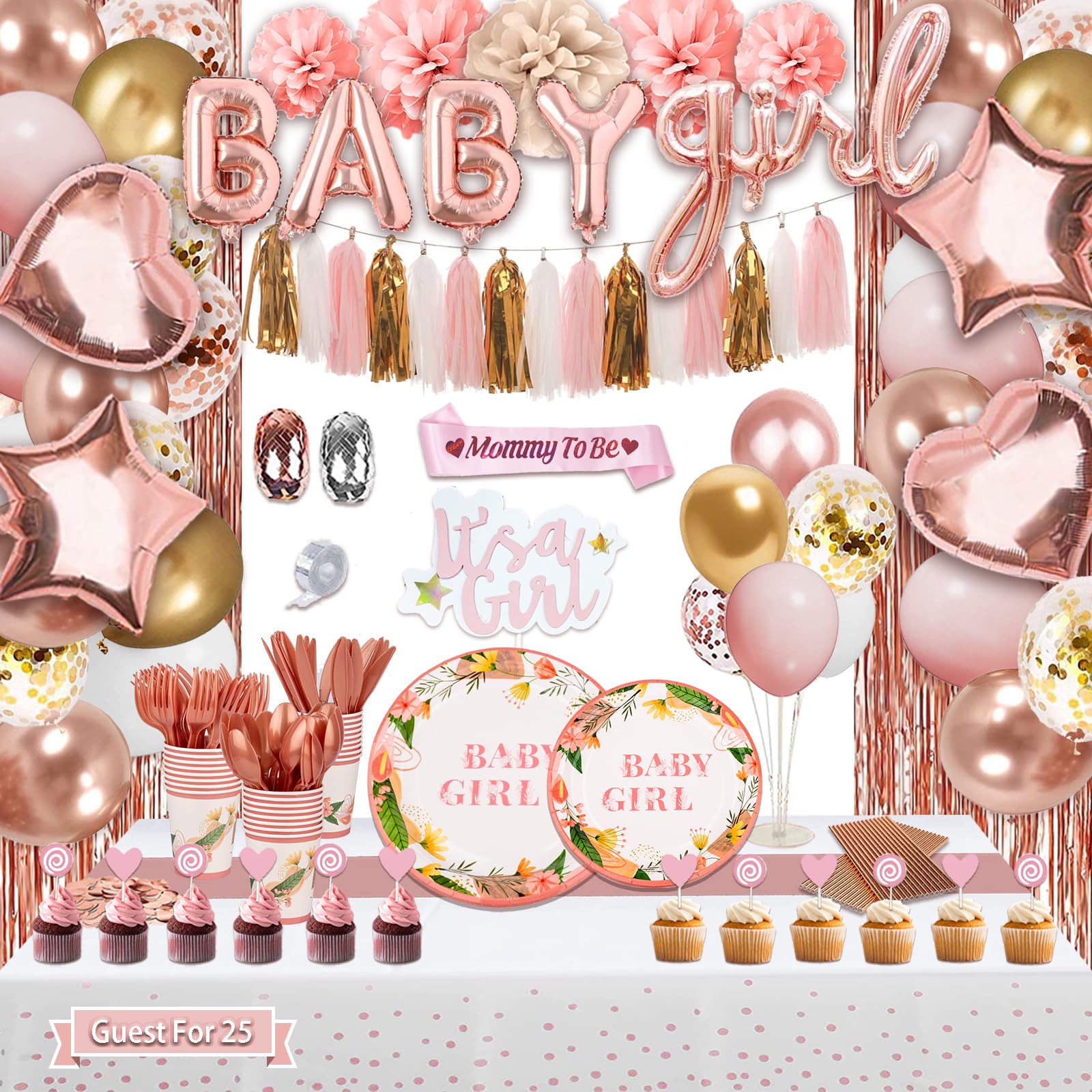 Guudmua rose gold floral dinnerware set for a chic baby shower table