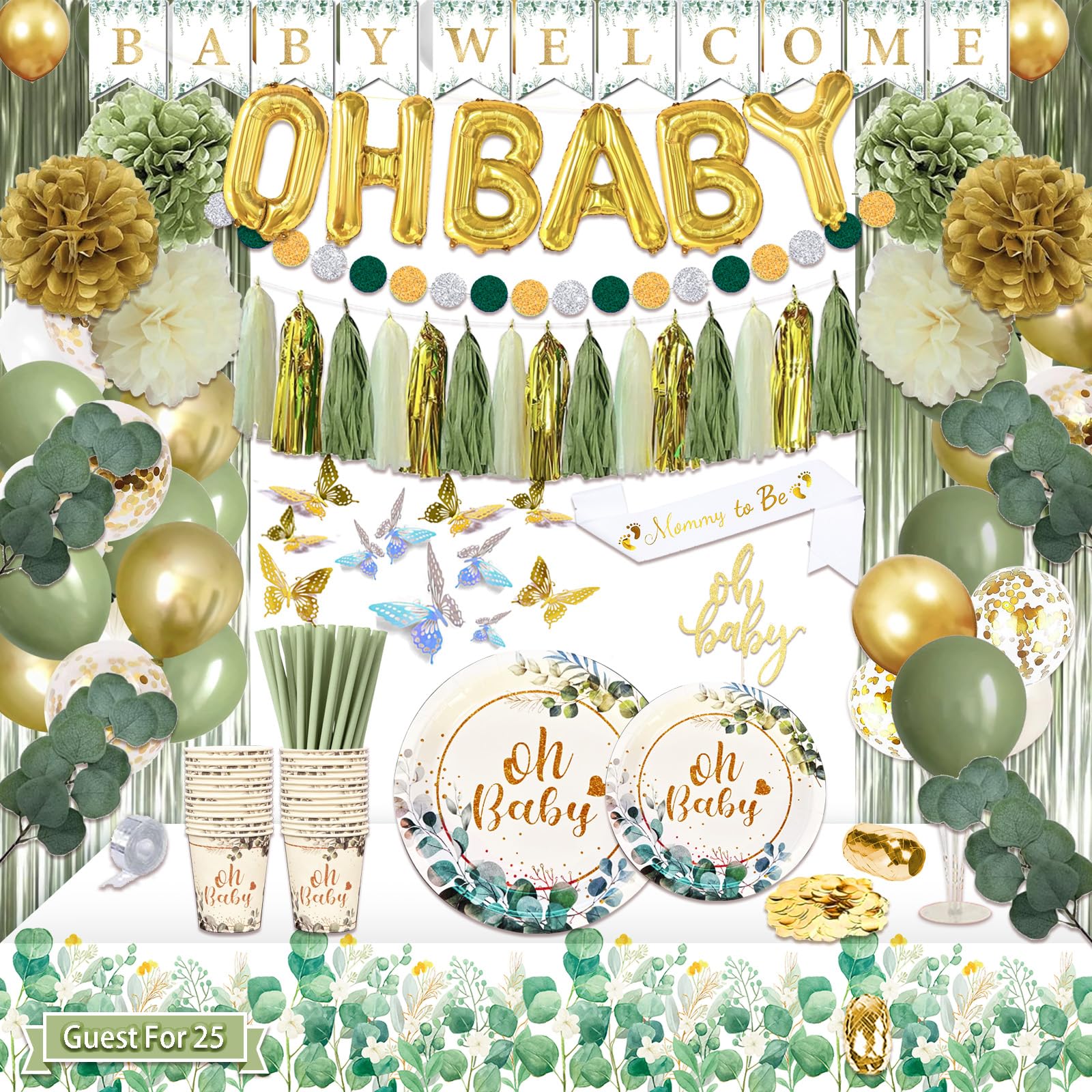 Guudmua 217-Pcs Sage Green Baby Shower Decorations Kit highlights neutral decor for elegant celebrations.