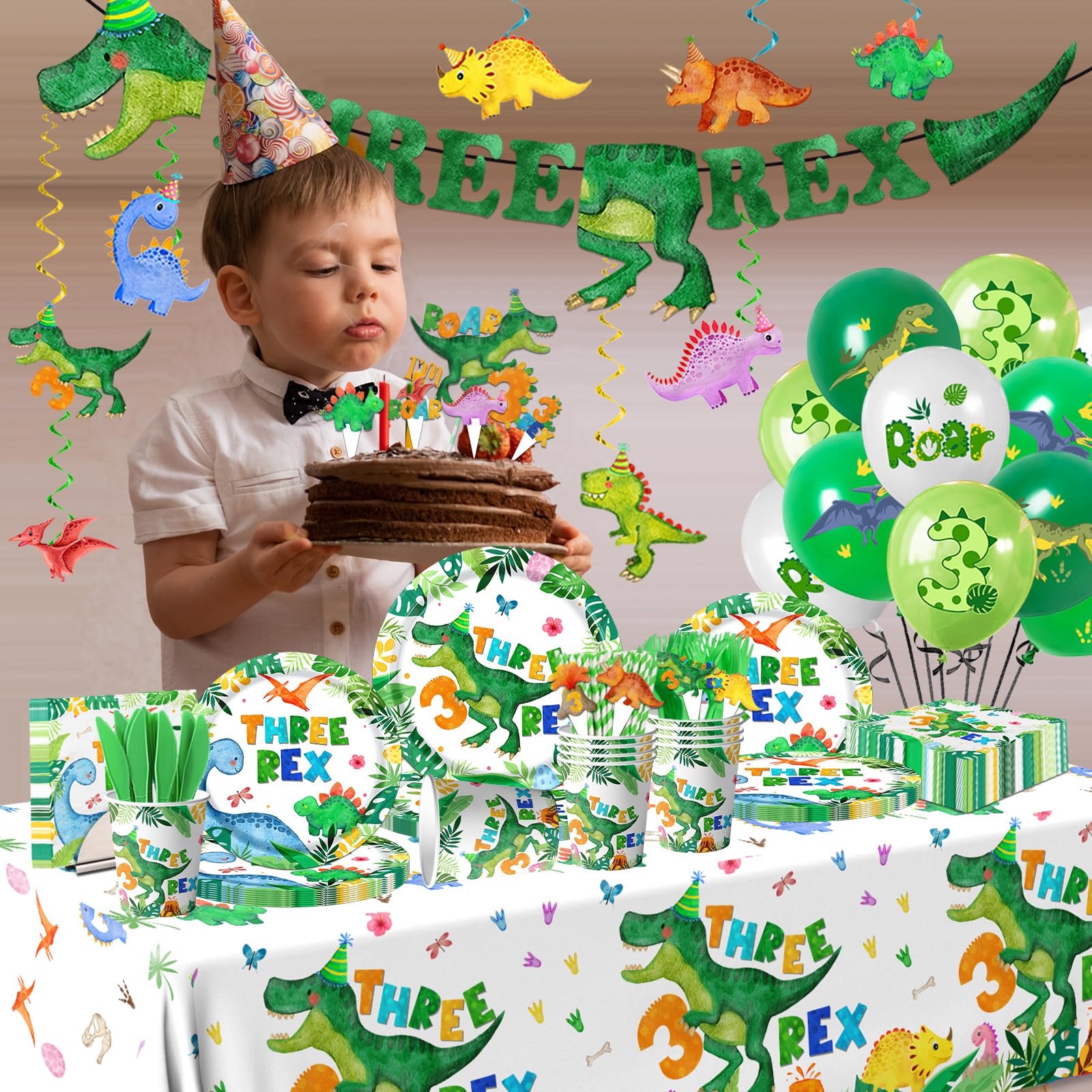 Guzbewu dinosaur tablecloth protects surfaces while tying the party together.