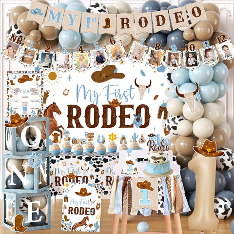 Guzbewu My First Rodeo backdrop for boy's first birthday photos.