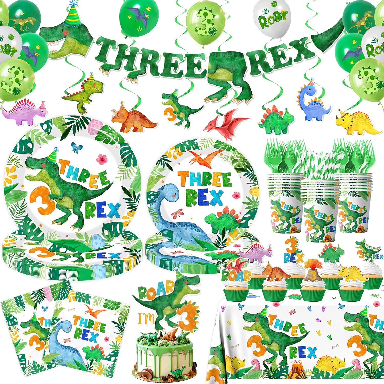 Guzbewu Three Rex banner adds lively, kid-friendly atmosphere to any dinosaur party.