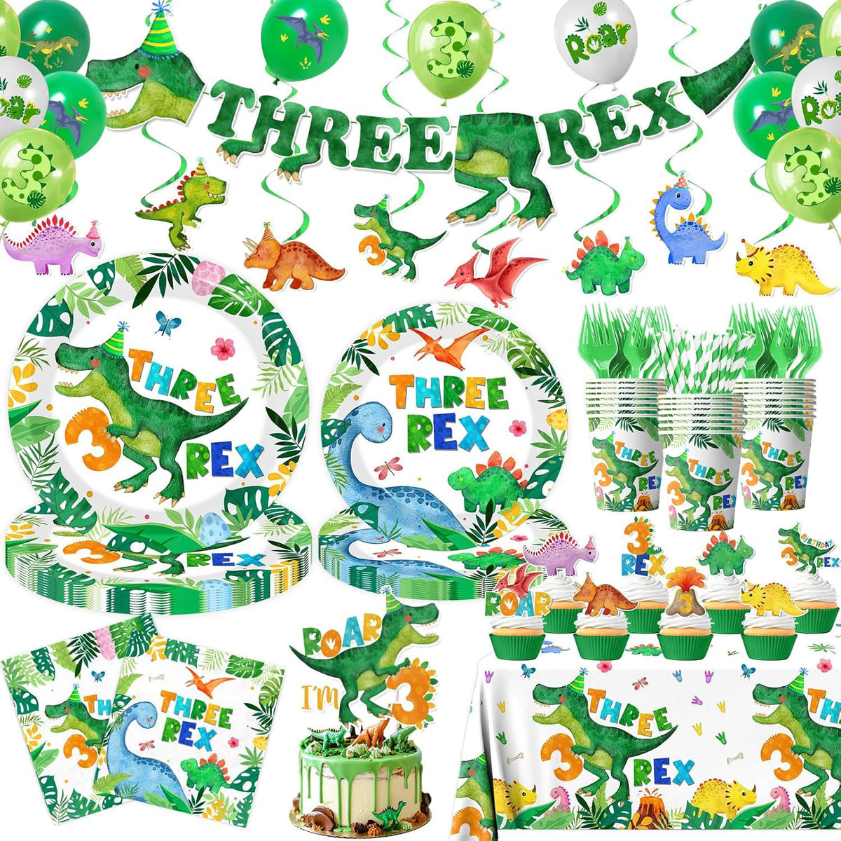 Guzbewu Three Rex banner adds lively, kid-friendly atmosphere to any dinosaur party.