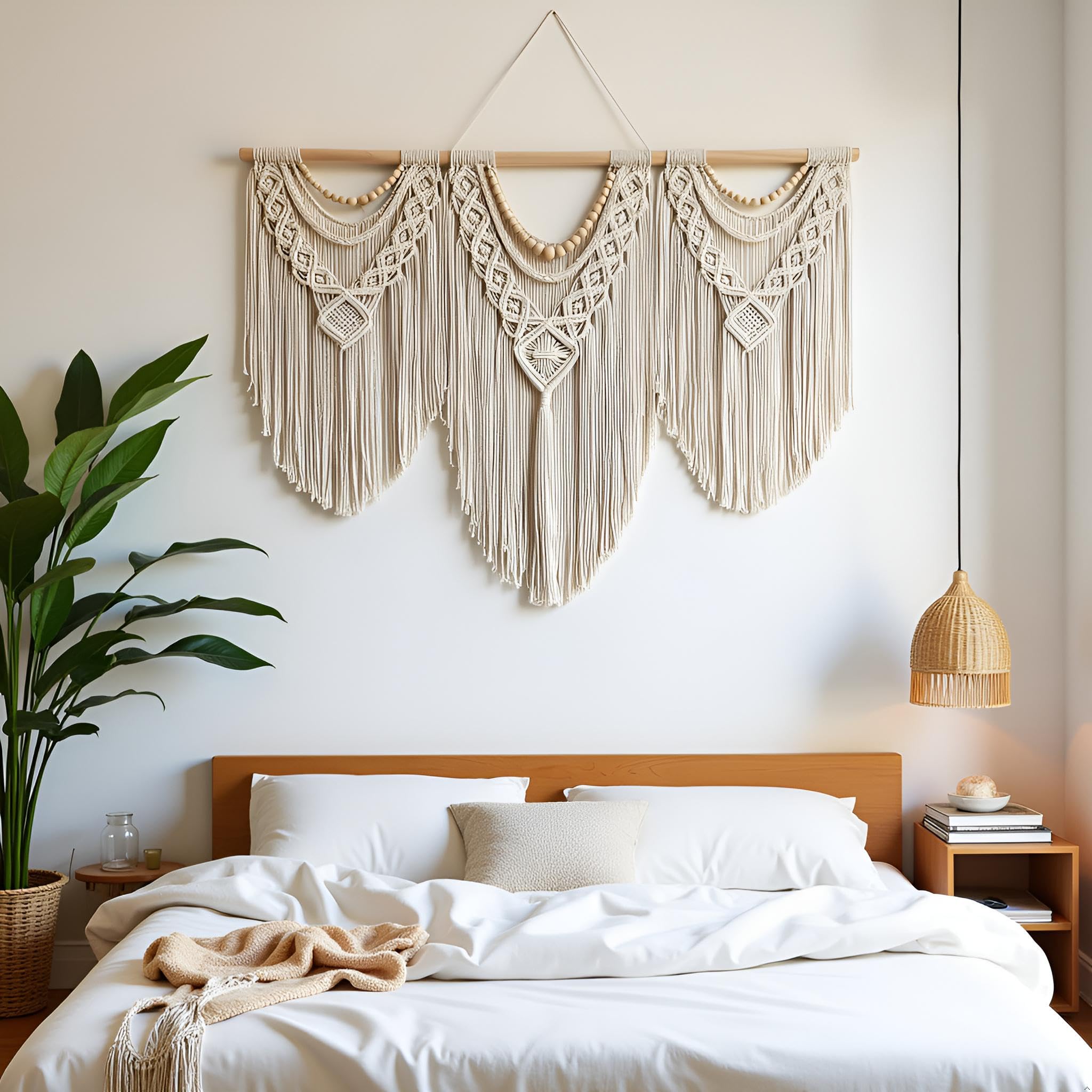 Guzhiou boho tapestry wall decor natural rope enhances living room ambiance.