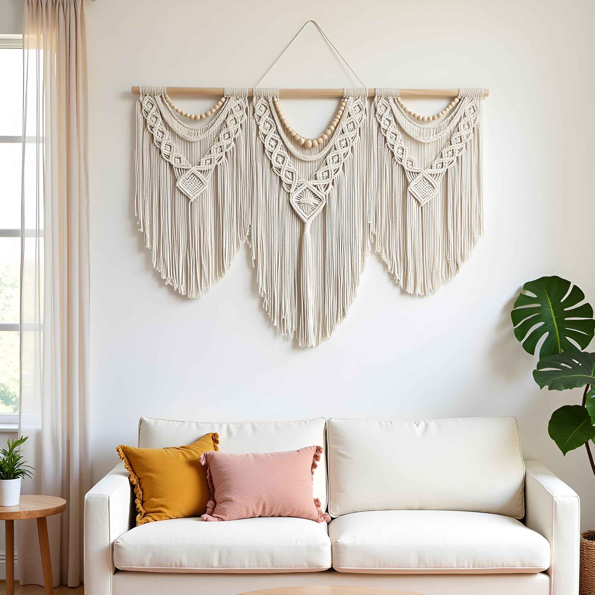 Guzhiou three-dowel assembly macrame shows easy setup and a clean finish.