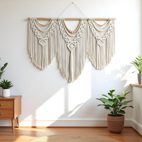 Guzhiou woven tapestry bedheadboard creates a cozy focal point in a bedroom.