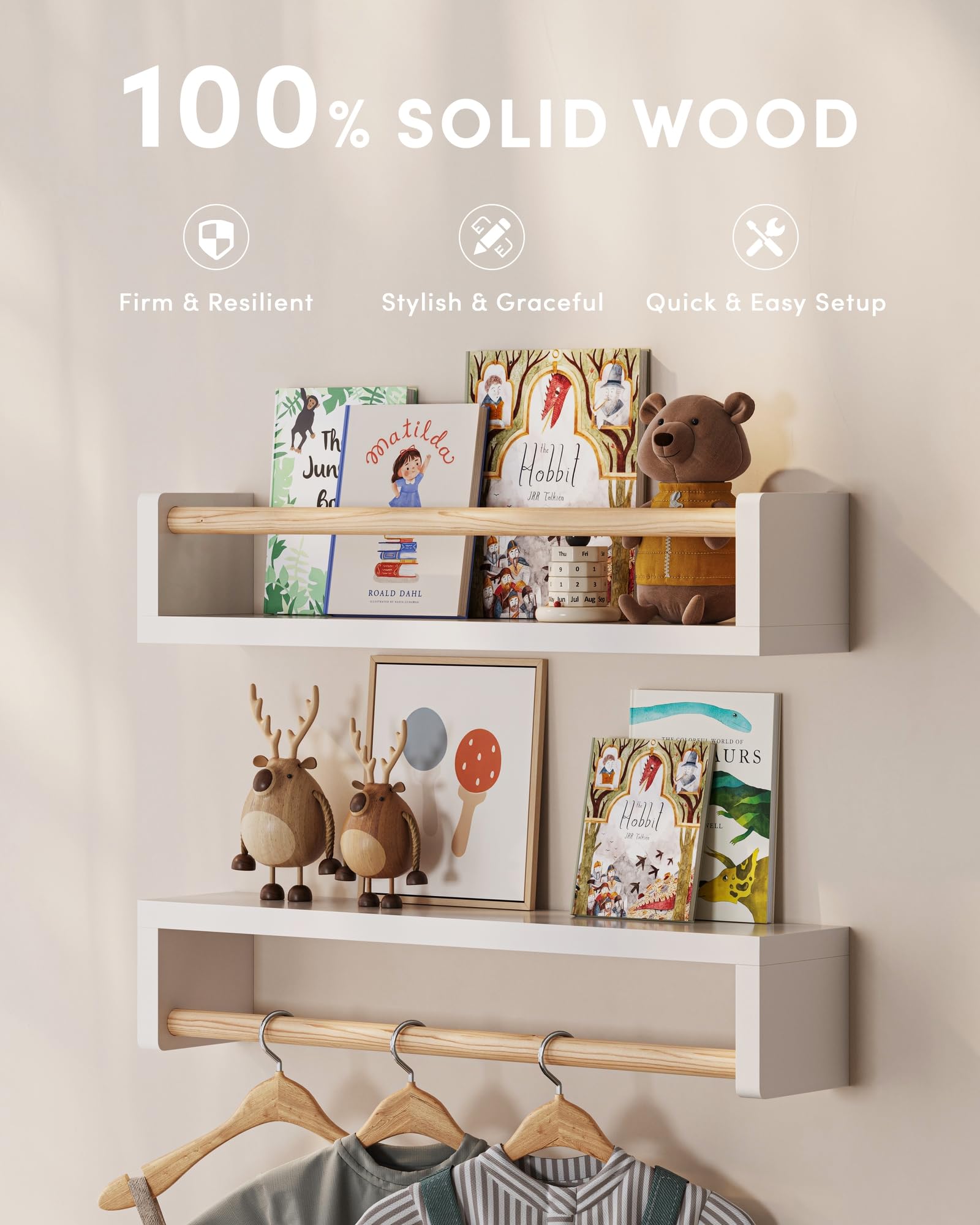 G&W Gruwald floating shelves for kids' room decor and easy book access.