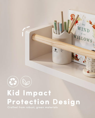 G&W Gruwald floating shelves provide a clean, modern display for nursery decor
