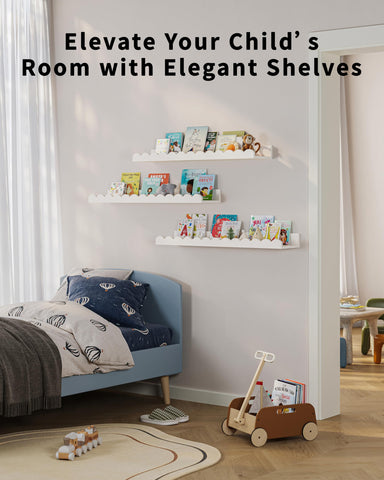 Floating wall shelves by G&W Gruwald keep favorite stories within easy reach