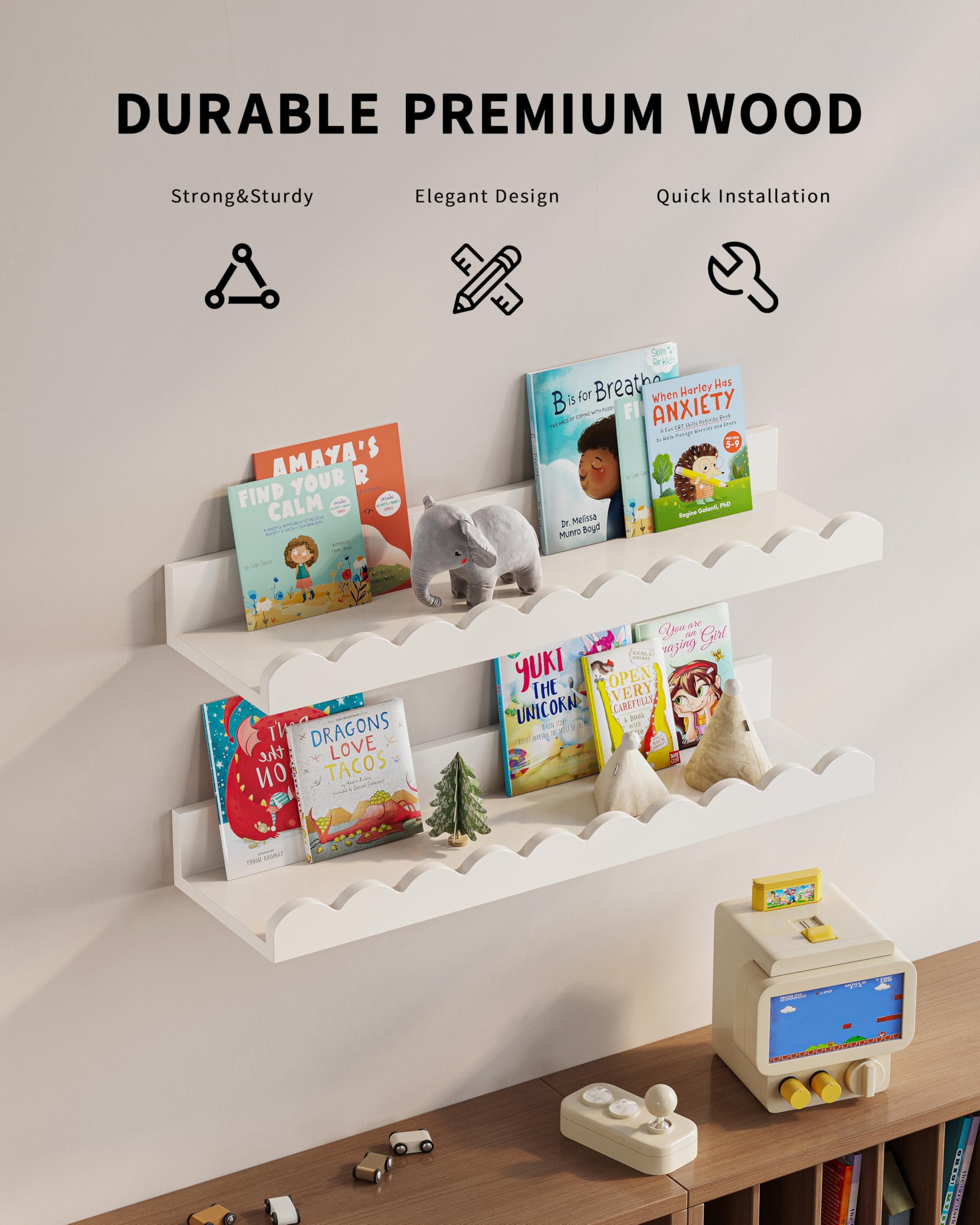G&W Gruwald three-shelf set organizing books in a nursery