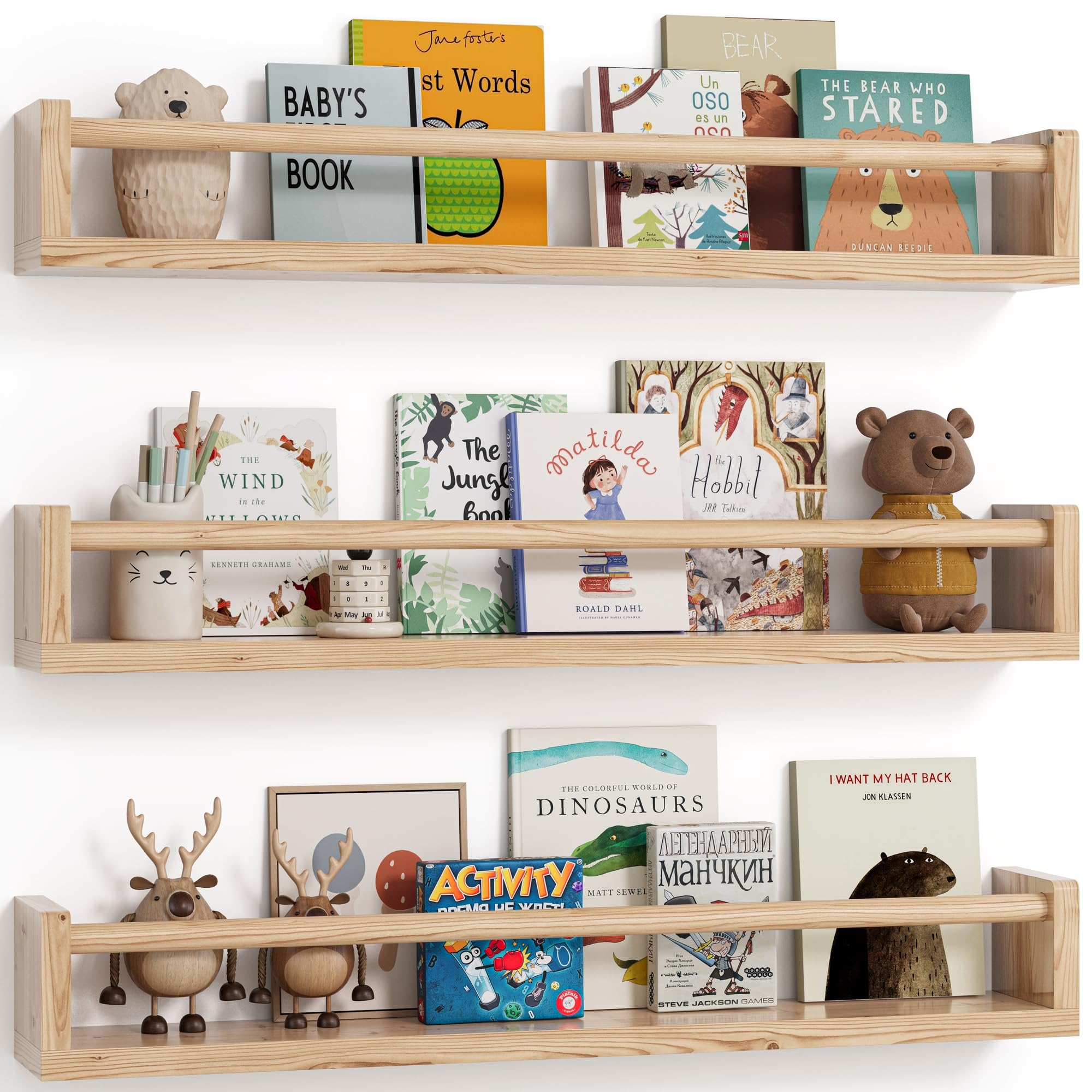G&W Gruwald nursery book shelves set of three mounted on wall, saving floor space.