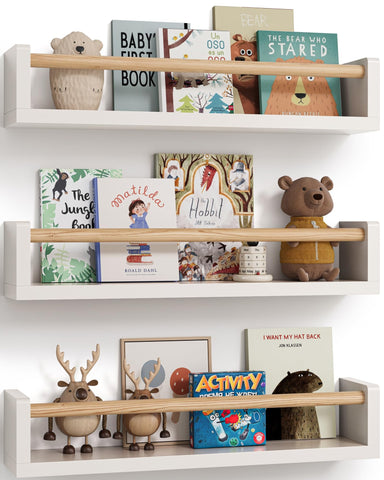 G&W Gruwald nursery book shelves set of 3 wall-mounted for clutter-free kids' rooms.
