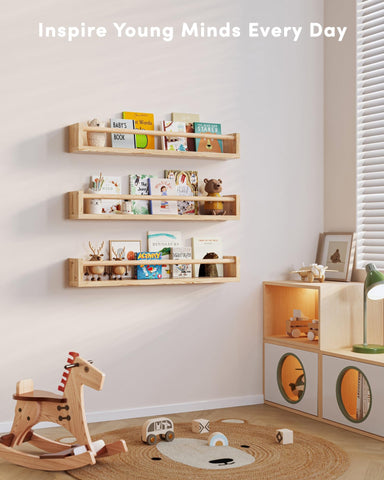 G&W Gruwald wall shelves help organize books and toys in a tidy space.