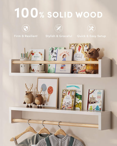 G&W Gruwald wall-mounted shelves for kids' room save wall space while showcasing favorites