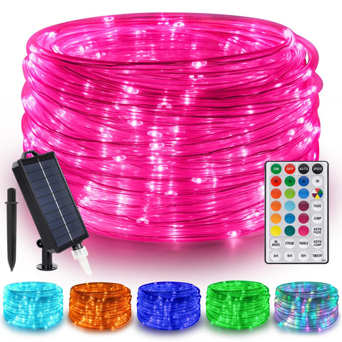 Gwvoxm 50ft 150 LED solar rope lights in outdoor setup for patio ambiance