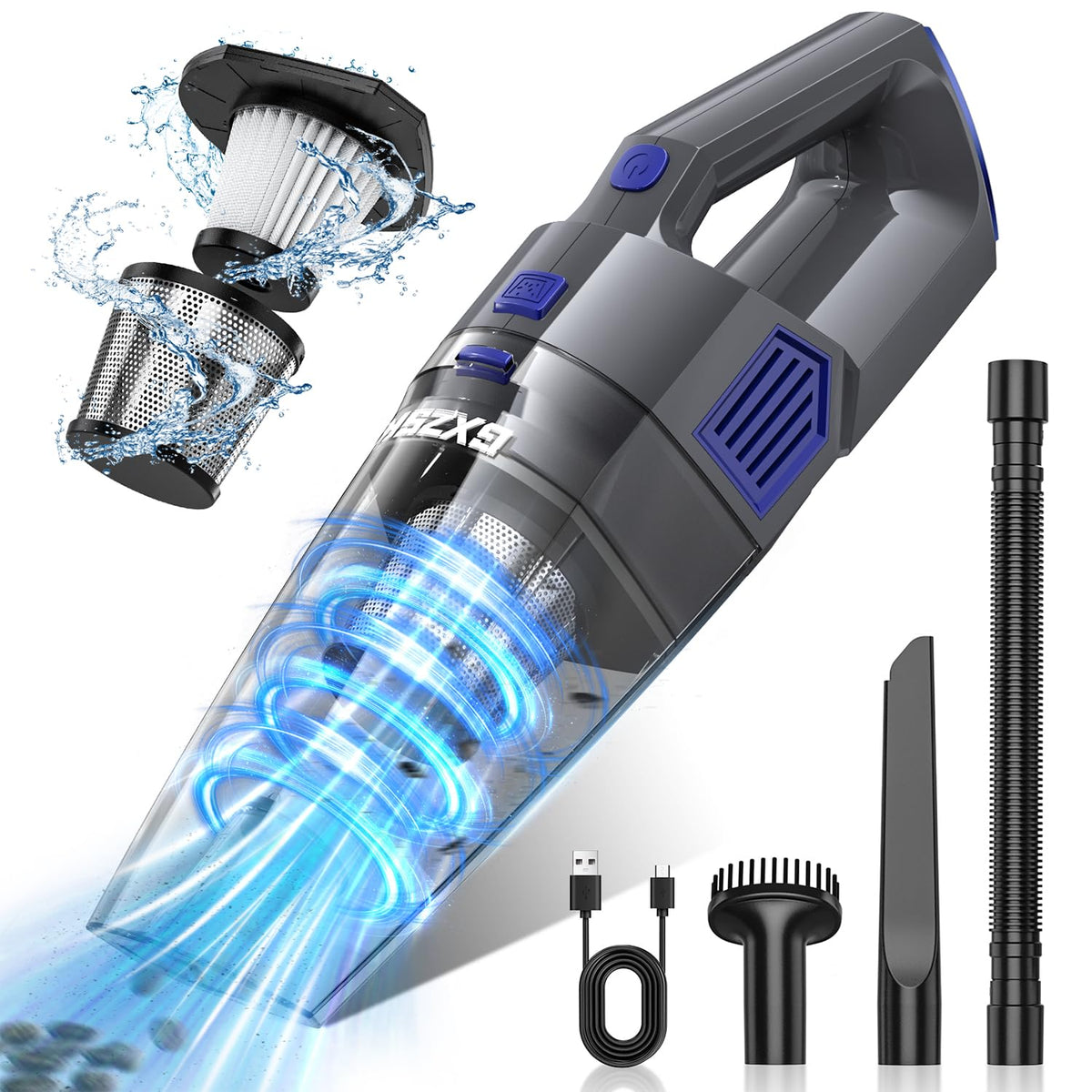 Gxzsk handheld vacuum showing strong 15kPa suction for car and home cleaning.