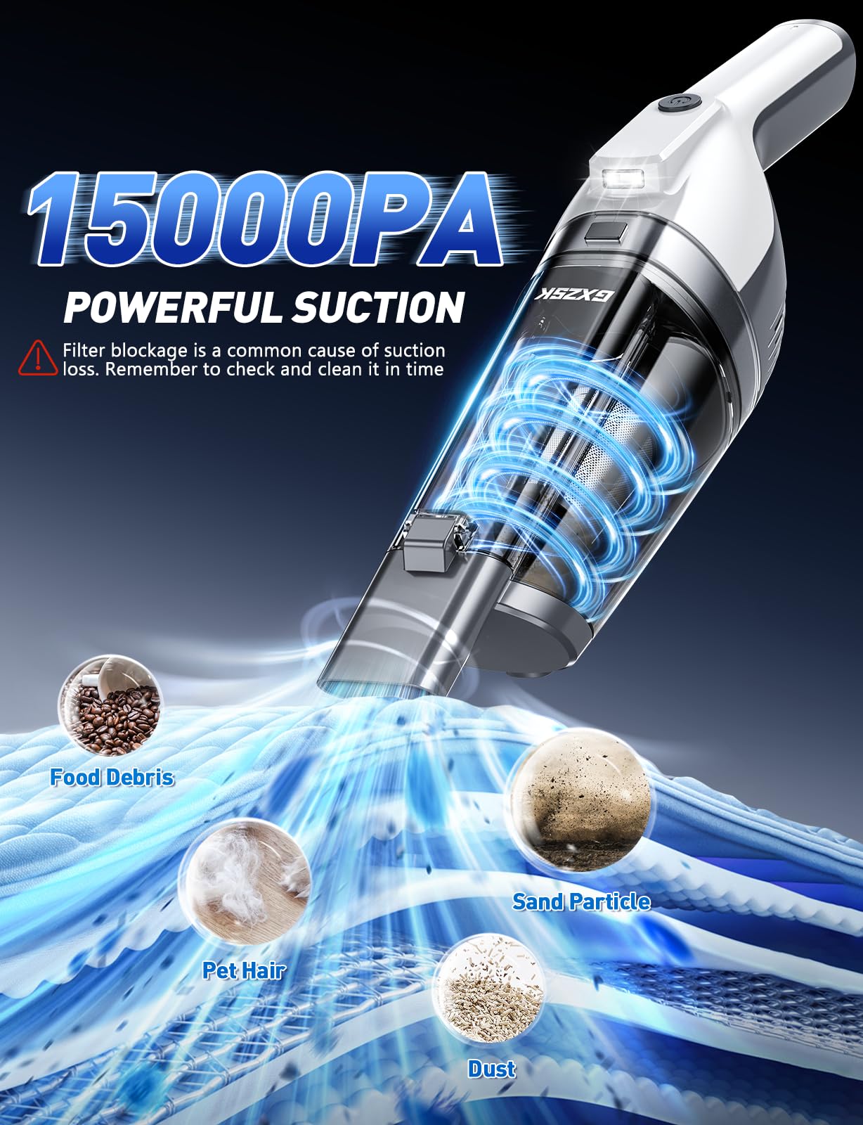 Gxzsk handheld vacuum with brush nozzle for fabric seats and upholstery.