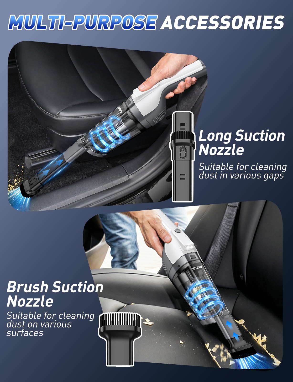 Gxzsk handheld vacuum with long nozzle reaching tight car gaps.