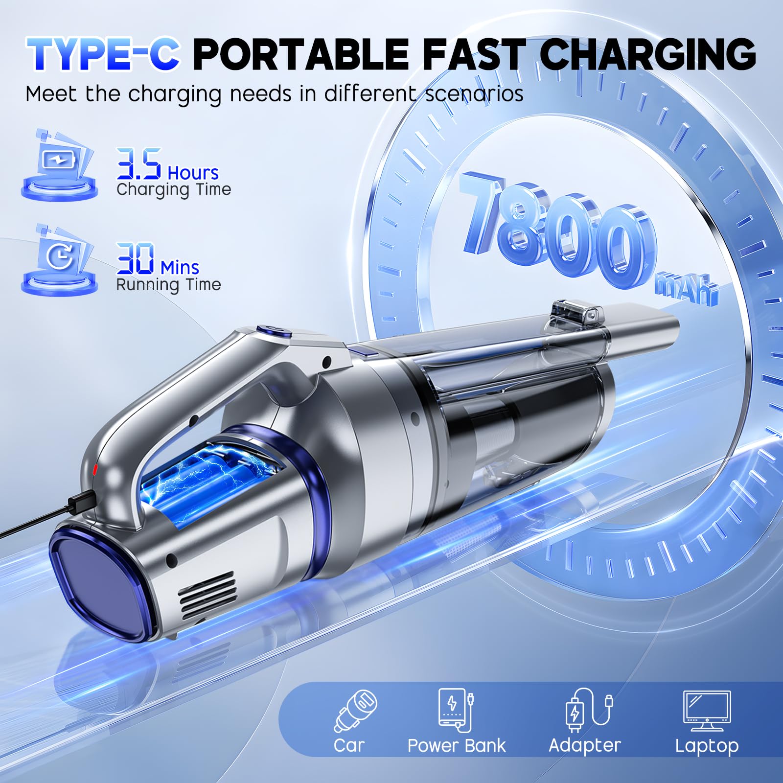 Gxzsk Handheld Vacuum charging with USB Type-C for fast recharging