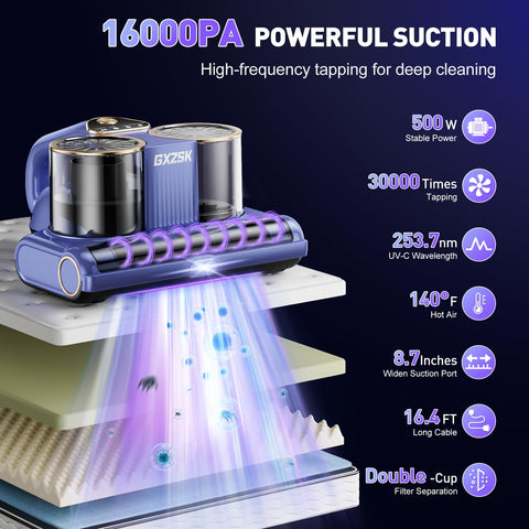 Gxzsk mattress vacuum uses UV-C light and ultrasonic action for deep cleaning.
