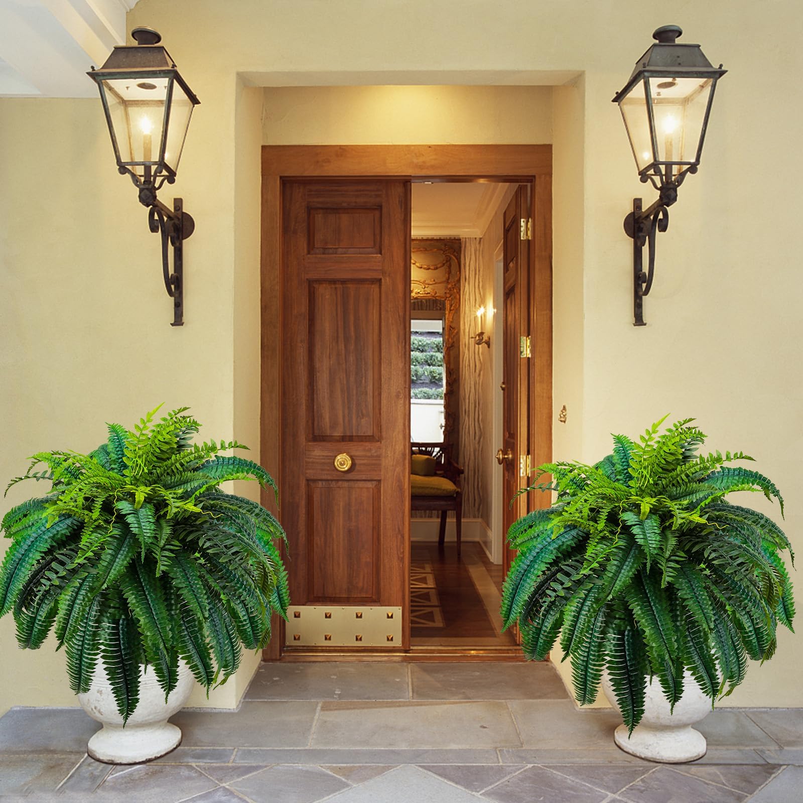 GYERB outdoor-ready fern on a porch with vibrant green.