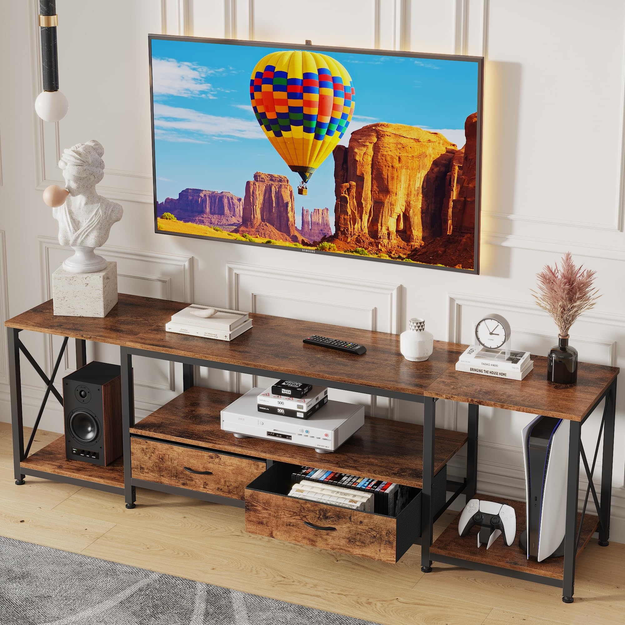 GYIIYUO TV Stand with rustic brown top, providing sturdy support for a large television.