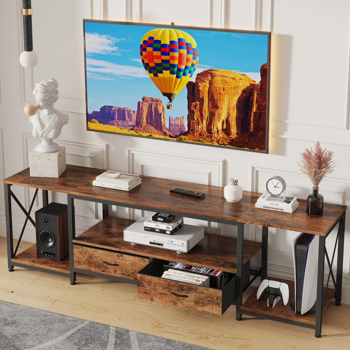 GYIIYUO TV Stand with rustic brown top, providing sturdy support for a large television.