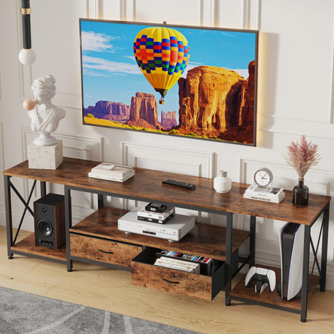 GYIIYUO TV Stand with rustic brown top, providing sturdy support for a large television.