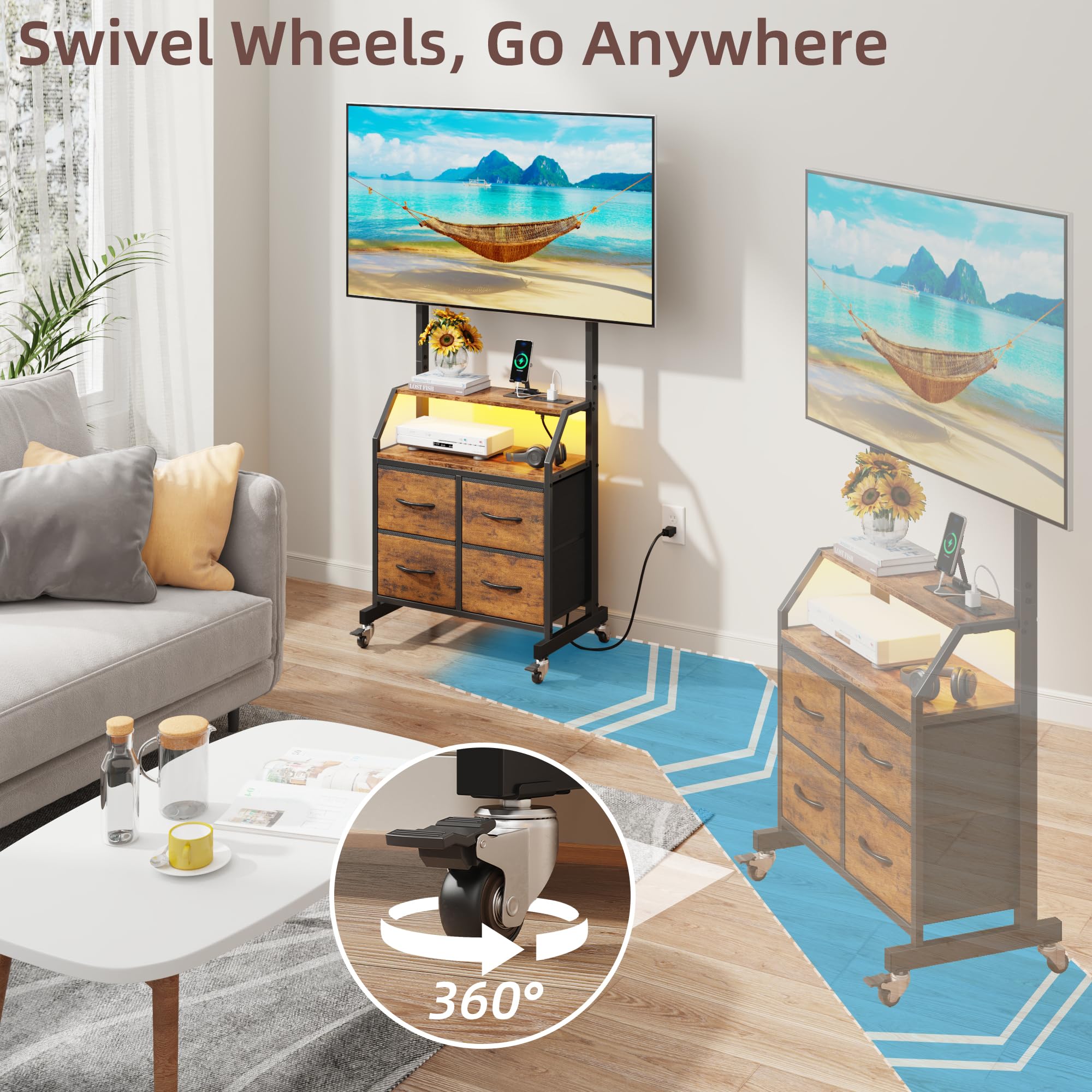 GYIIYUO fabric drawers on TV stand help keep media organized.