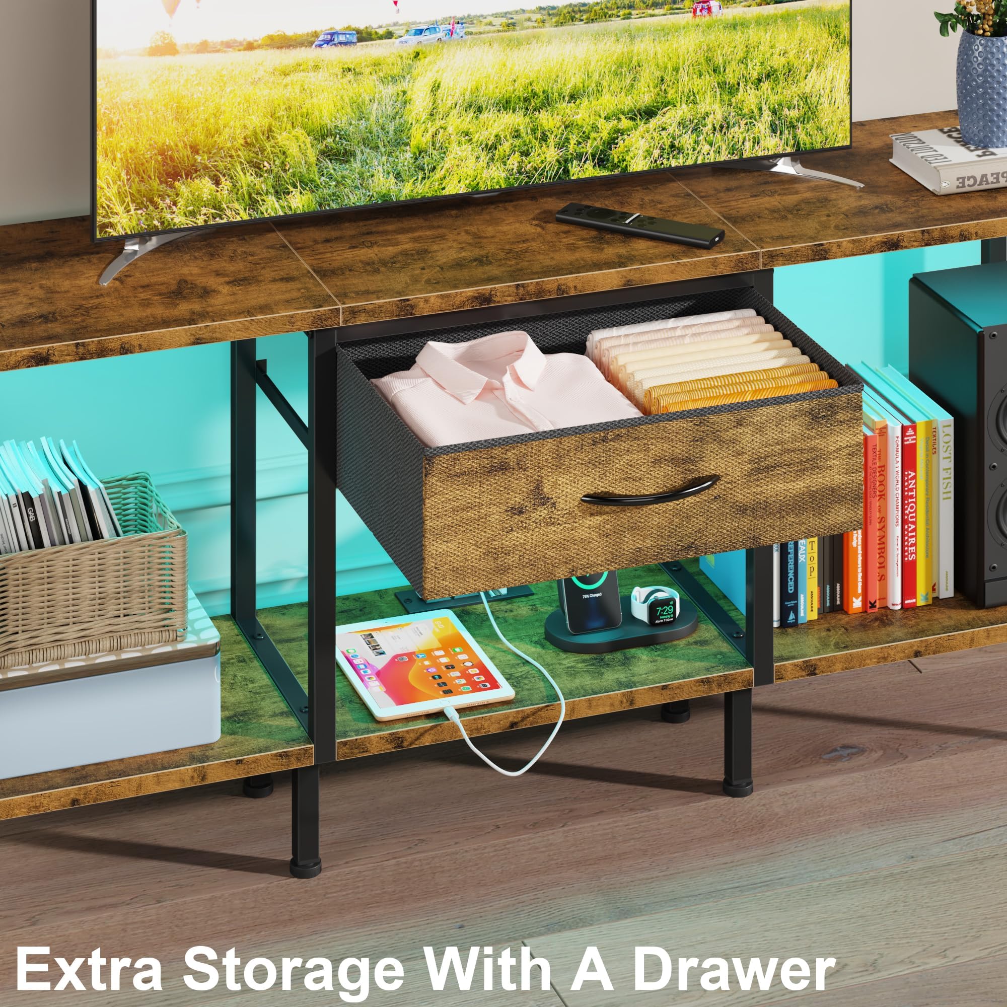 GYIIYUO LED TV Stand fabric drawer—hidden storage for remotes and cables.