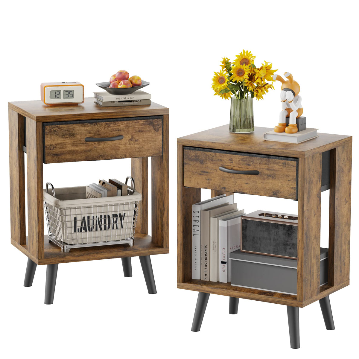 GYIIYUO nightstand front view highlights rustic design and ample bedside surface.