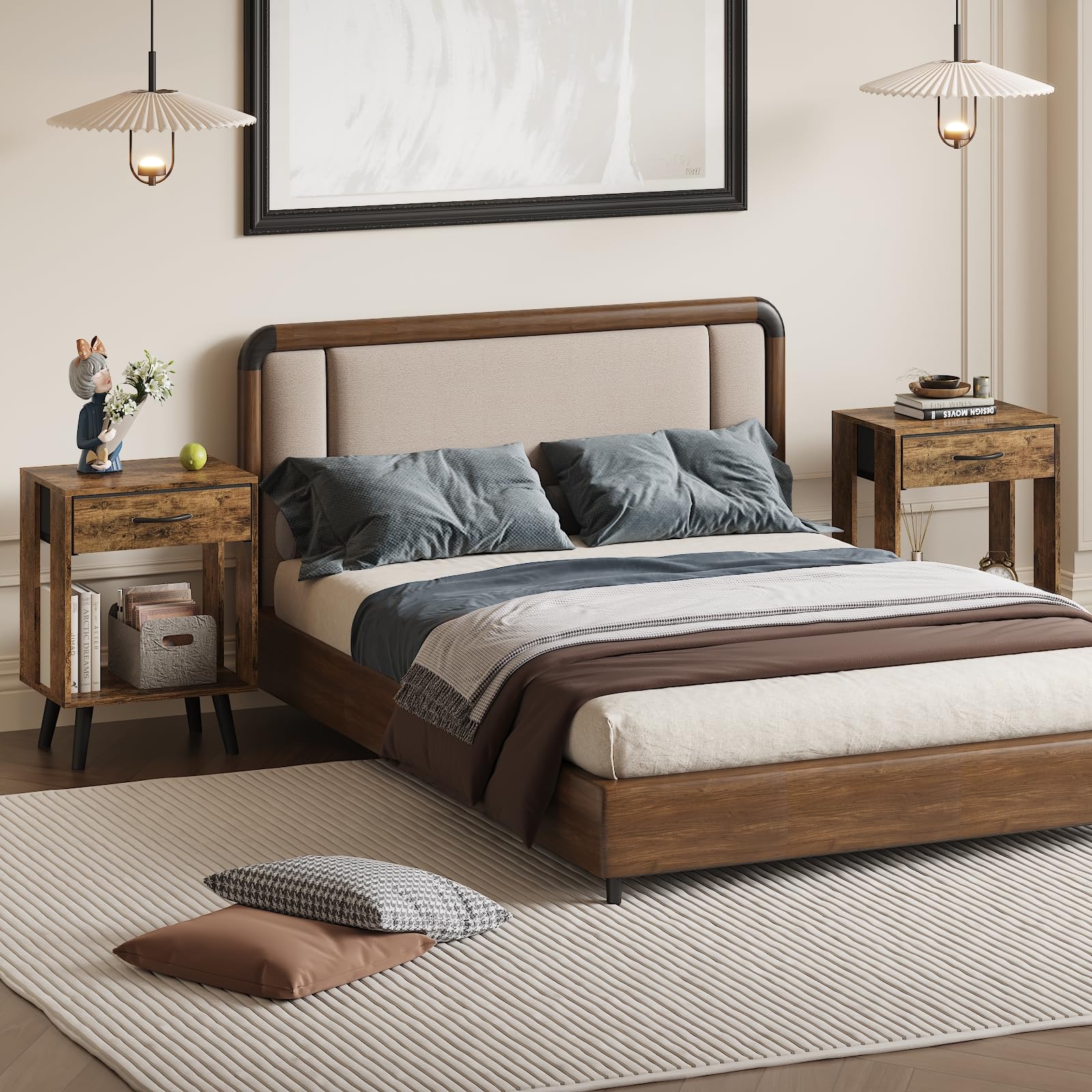 GYIIYUO nightstand with lamp demonstrates cozy bedside lighting setup.