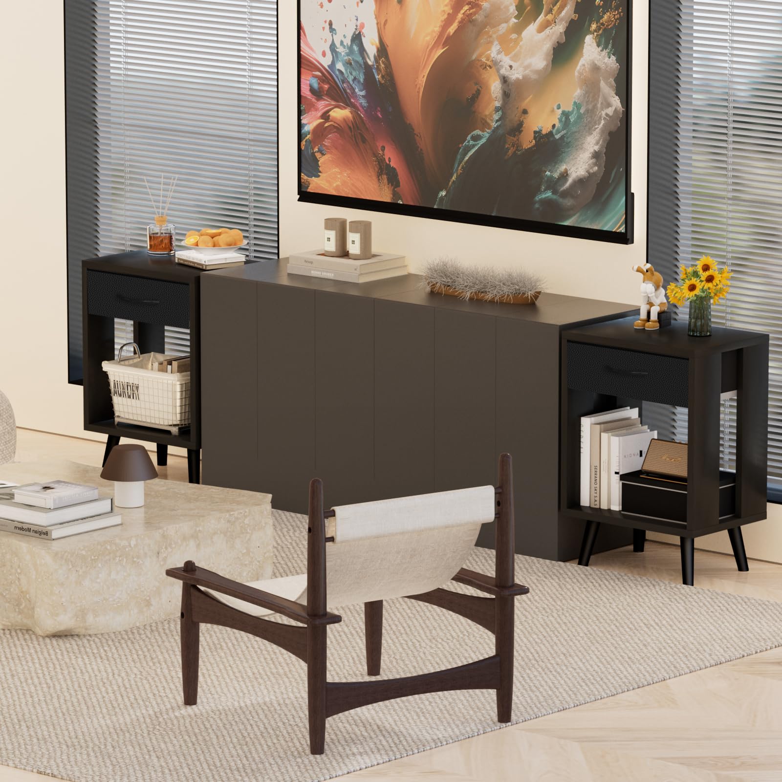 GYIIYUO nightstands open drawer showing lamp and books for easy access.