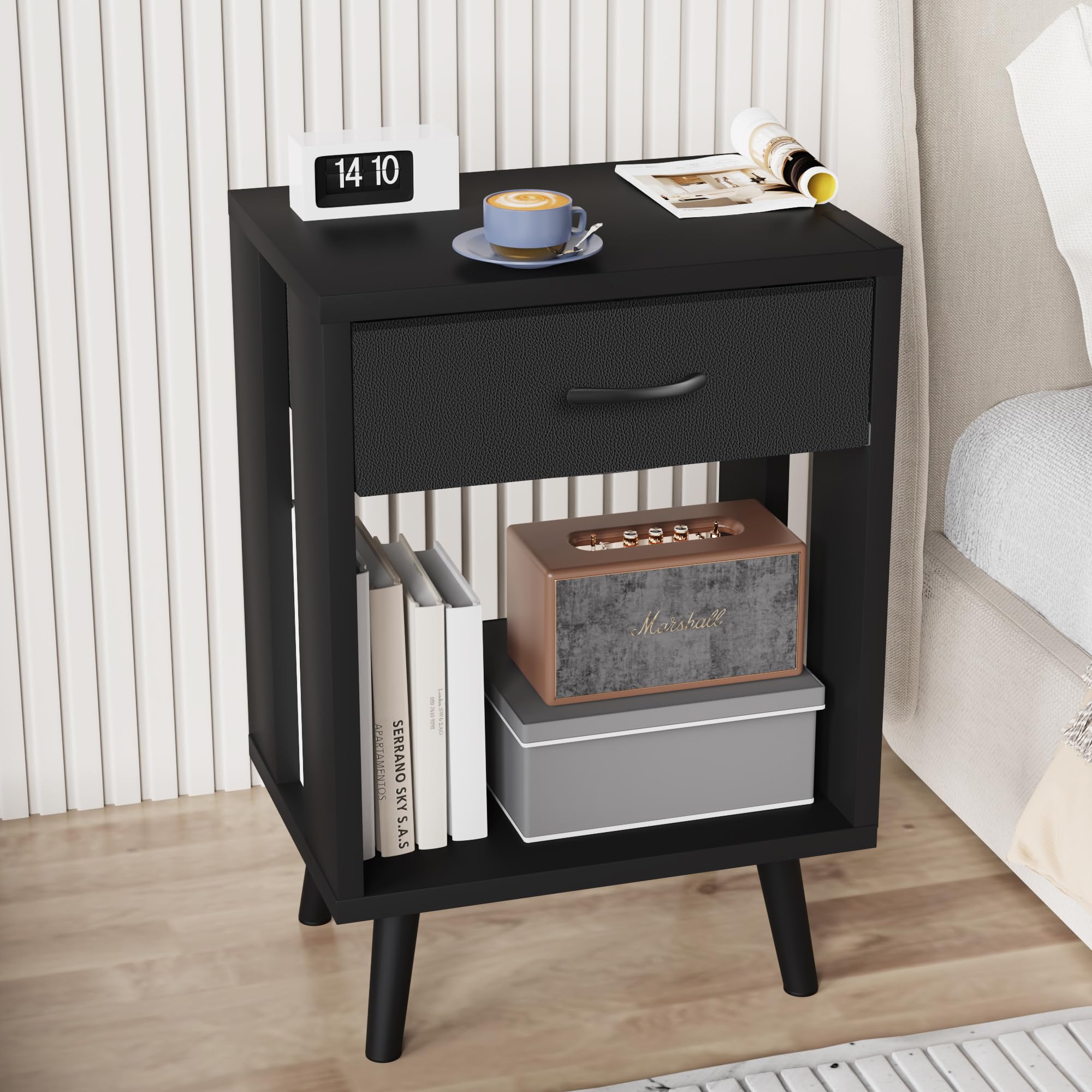 GYIIYUO nightstands side view highlighting sturdy wood frame.