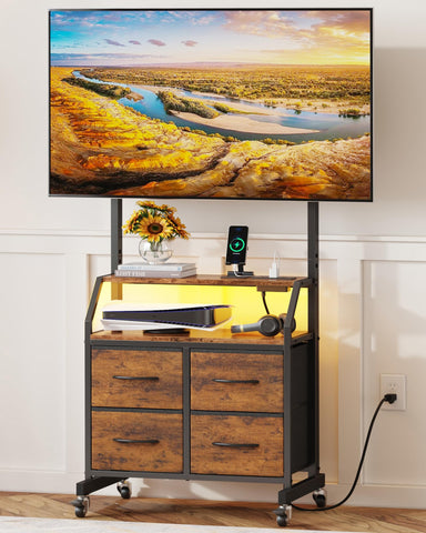 GYIIYUO rolling TV stand with mount enables flexible living room configurations.