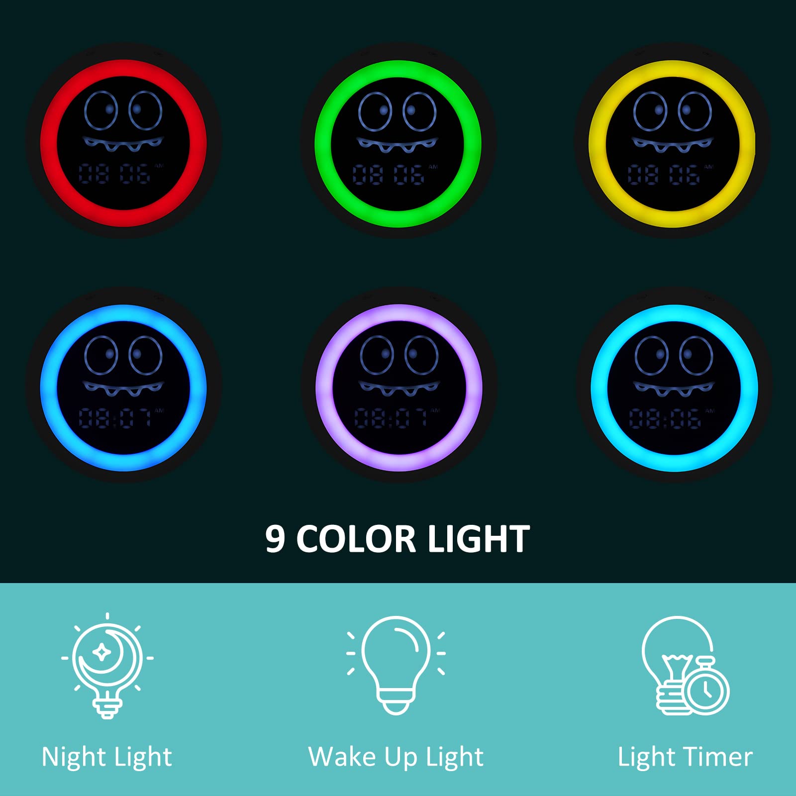 H-chin alarm clock green control panel highlights sound options for kids