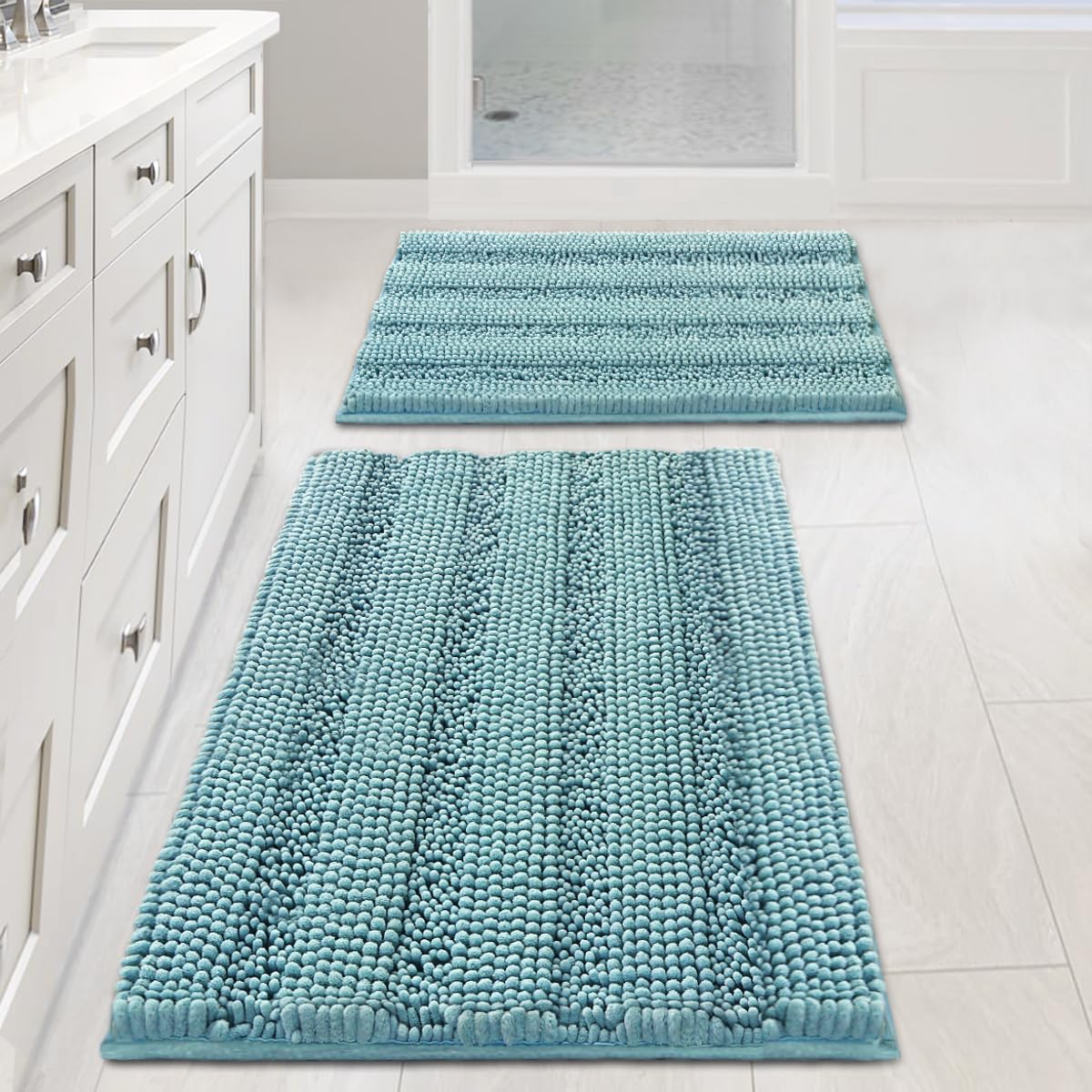 H.VERSAILTEX Aqua Haze chenille rug with plush texture and striped pattern for bathroom comfort