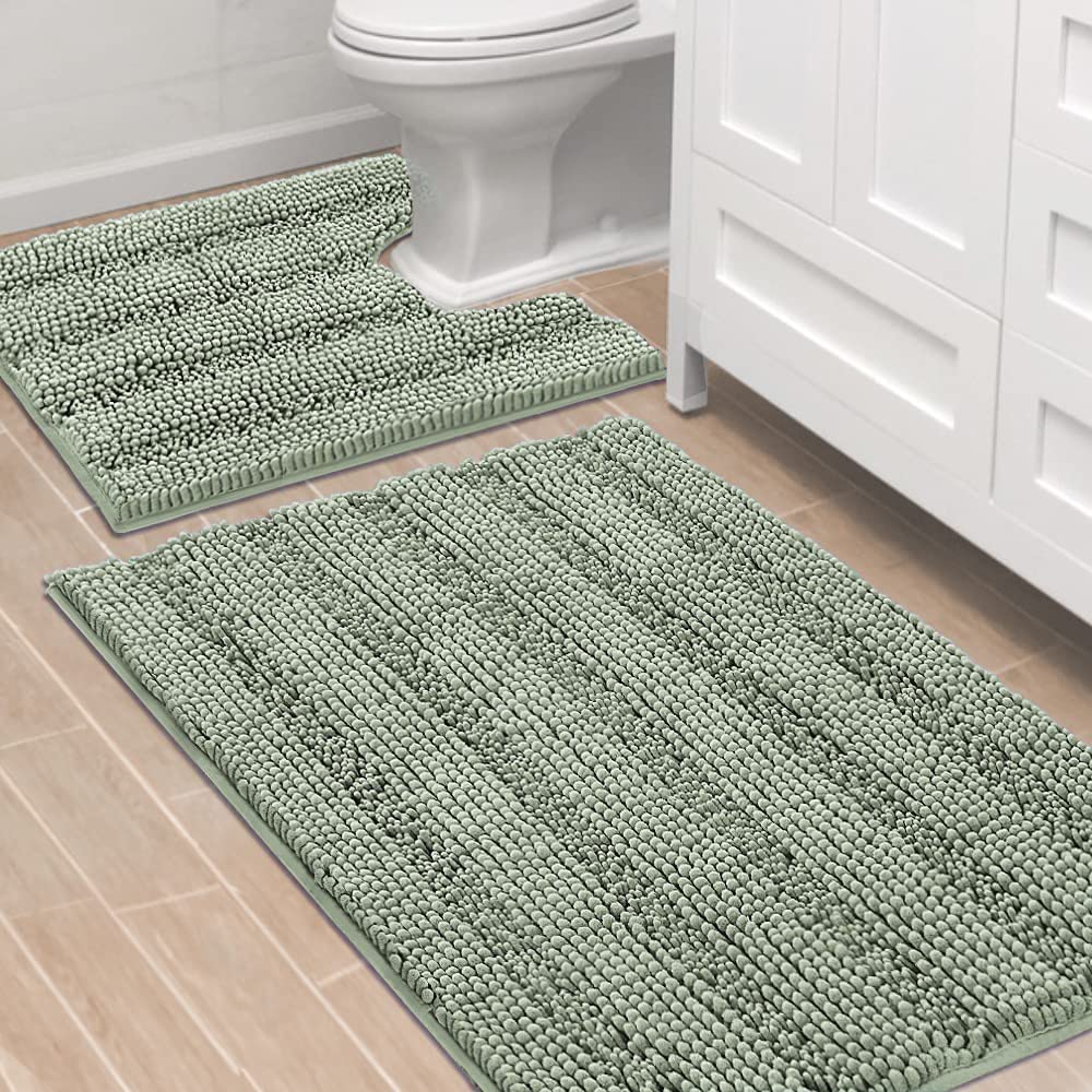 H.VERSAILTEX bathroom rug set in sage offers ultra-thick chenille softness for warm feet.