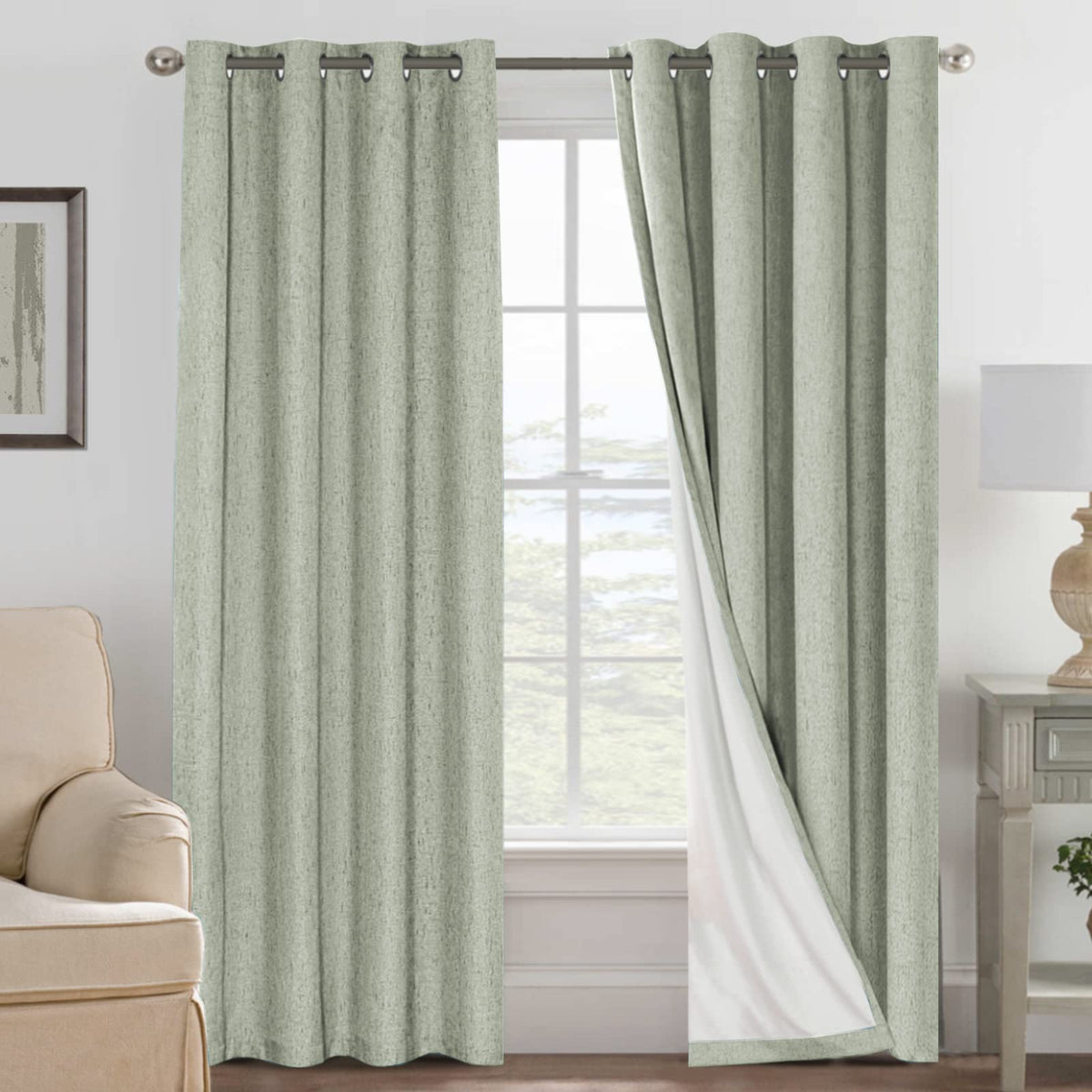 H.VERSAILTEX blackout sage green curtain panel front view blocks light for sleep