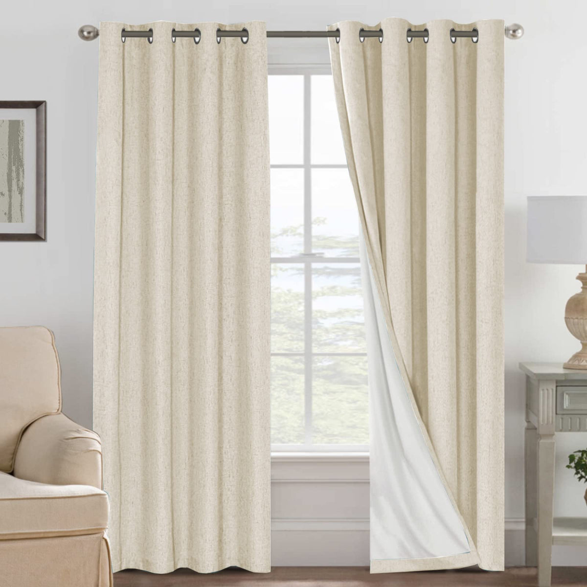 H.VERSAILTEX blackout curtains in bleached sand, front view for privacy and light control