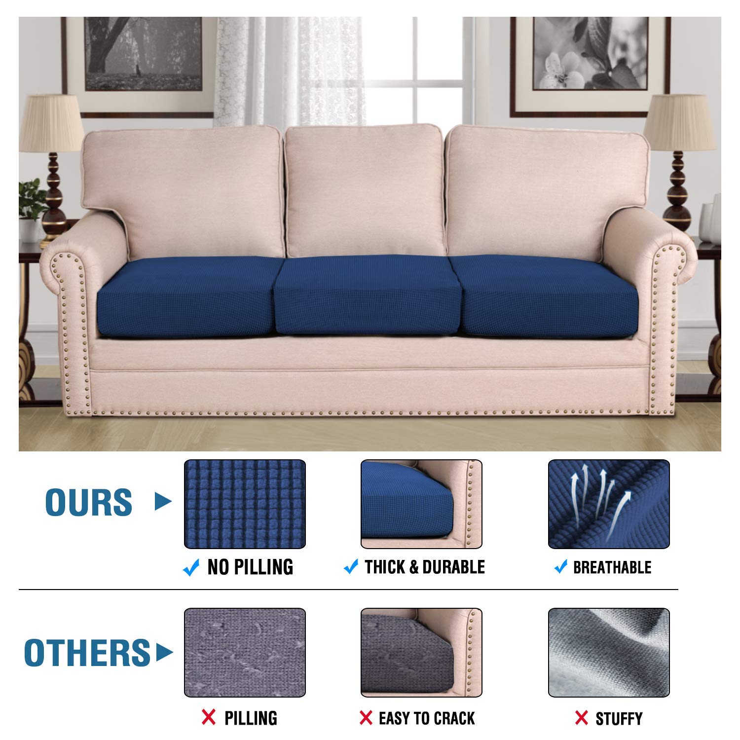 H.VERSAILTEX cushion cover with elastic edges fits securely and is easy to install.