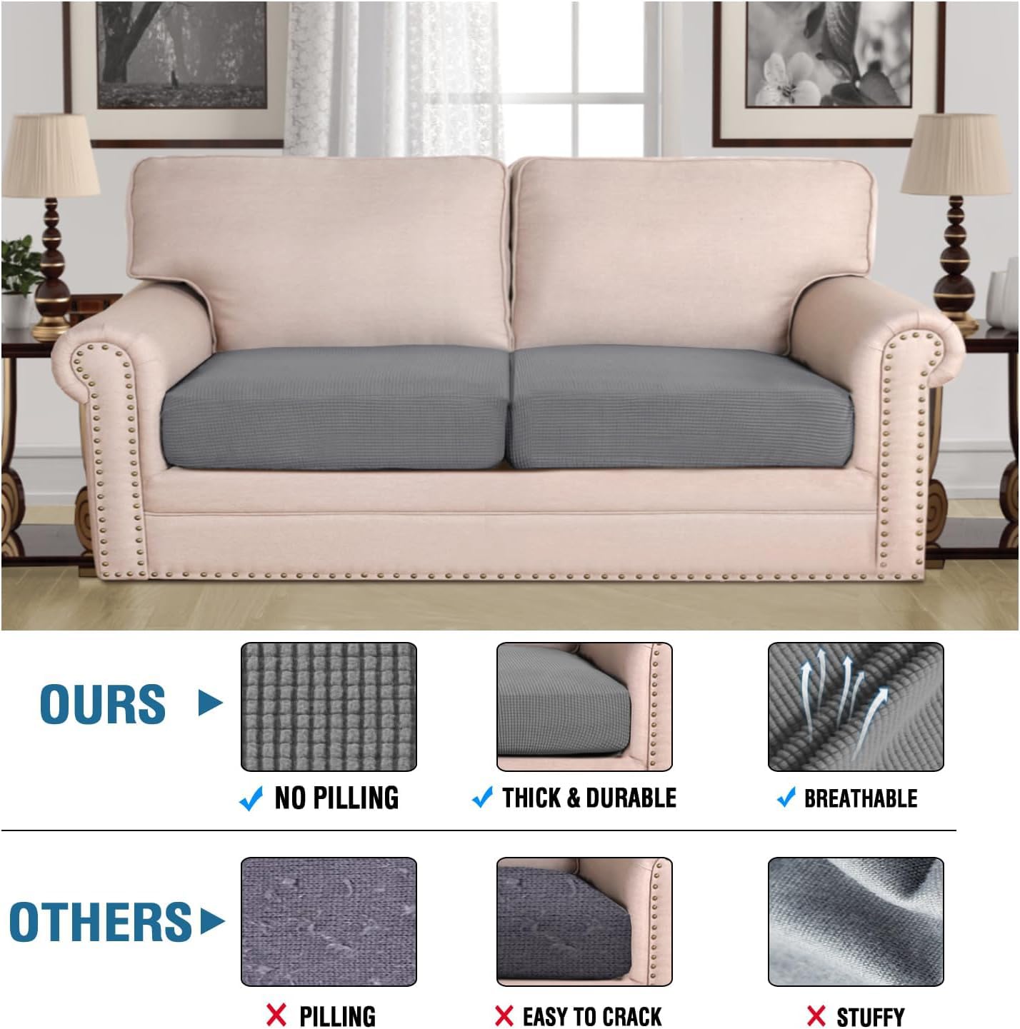 H.VERSAILTEX cushion slipcover knit fabric close-up in grey for easy fit and comfort.