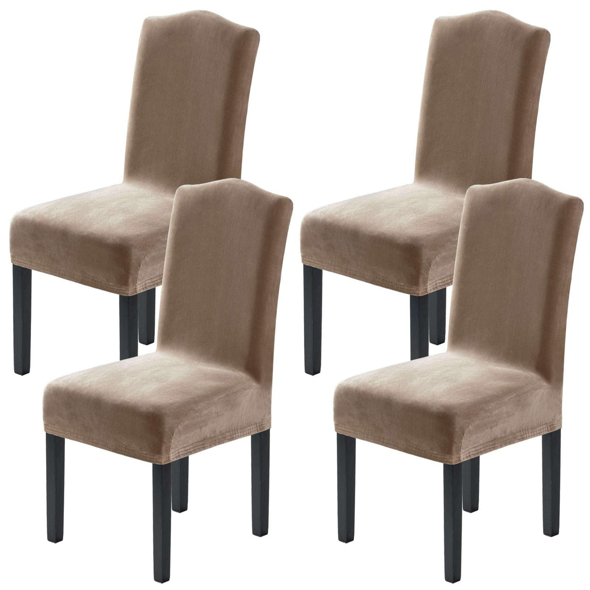 H.VERSAILTEX taupe velvet chair cover close-up showing plush texture and snug fit.