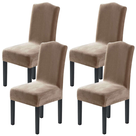 H.VERSAILTEX taupe velvet chair cover close-up showing plush texture and snug fit.