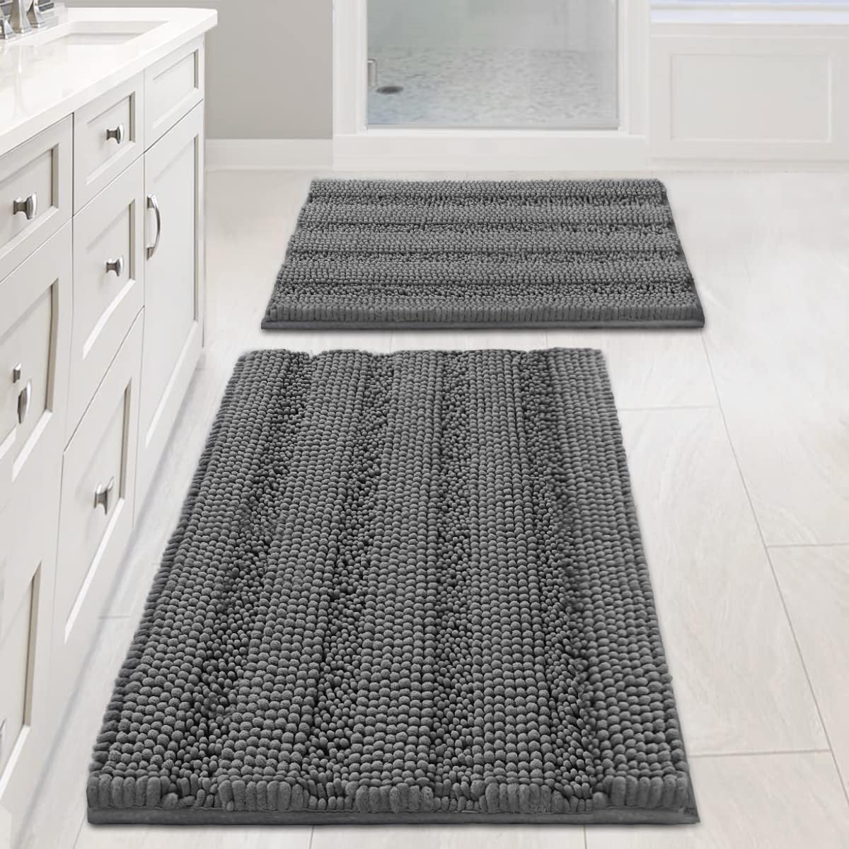H.VERSAILTEX Grey bath rug set with plush chenille for soft, cozy feet.