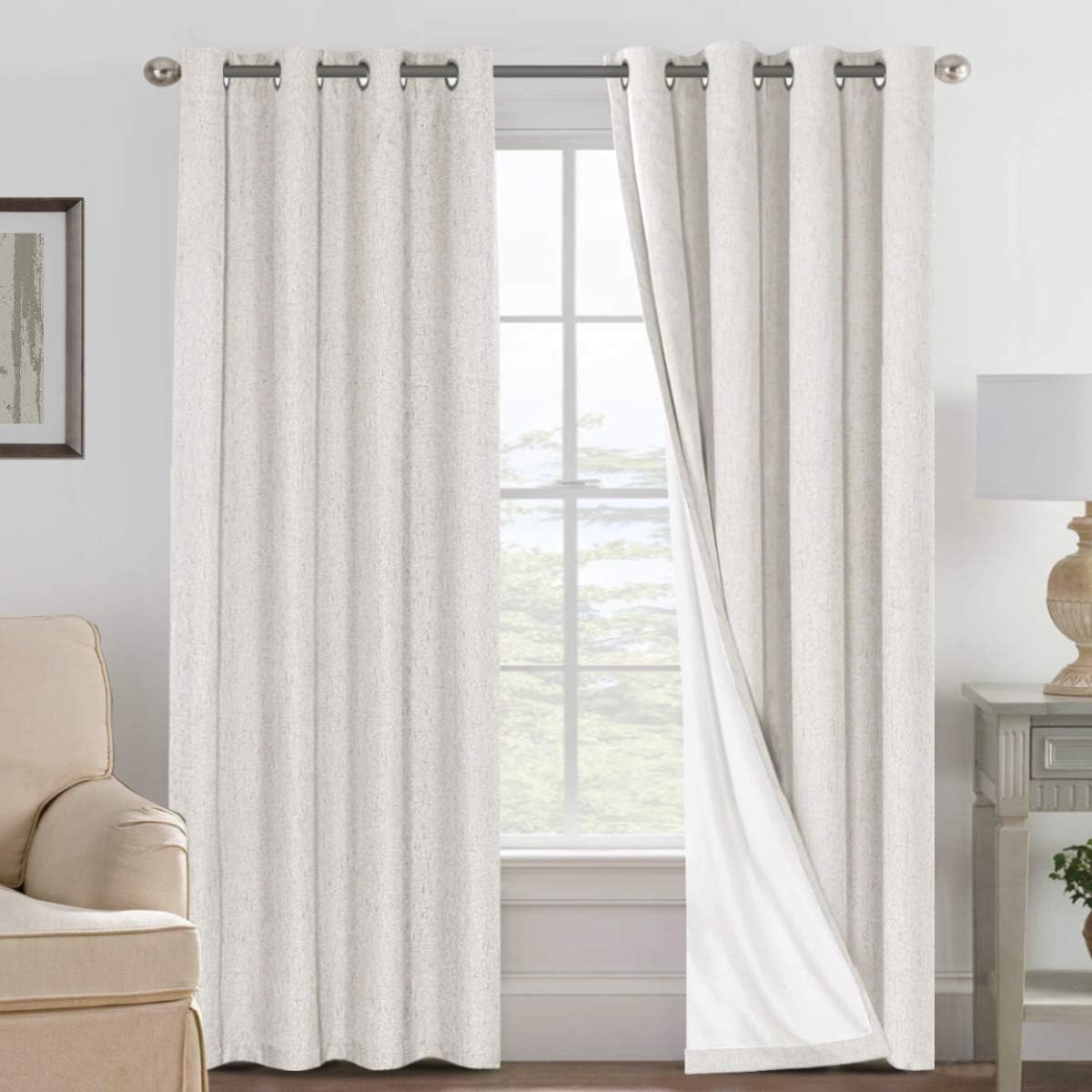 H.VERSAILTEX Ivory blackout curtain panel closeup with linen texture and white liner for darkening