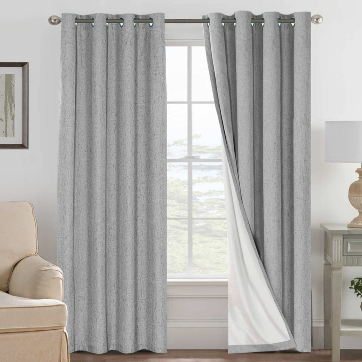 H.VERSAILTEX Linen Blackout Curtains front panel view with textured fabric and white liner for darkness