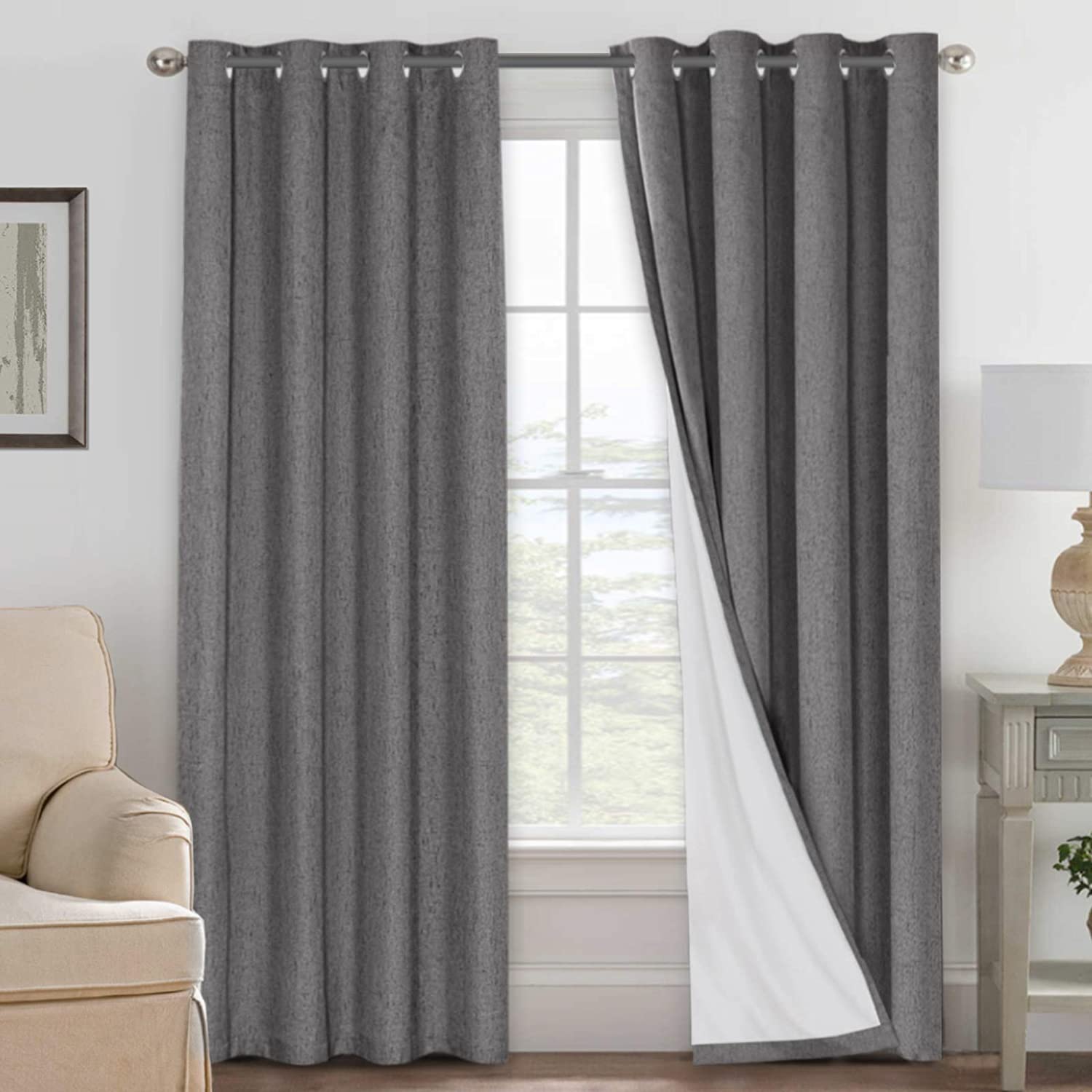 H.VERSAILTEX linen blackout curtains packaging shows a 2-panel 84-inch set for quick privacy setup